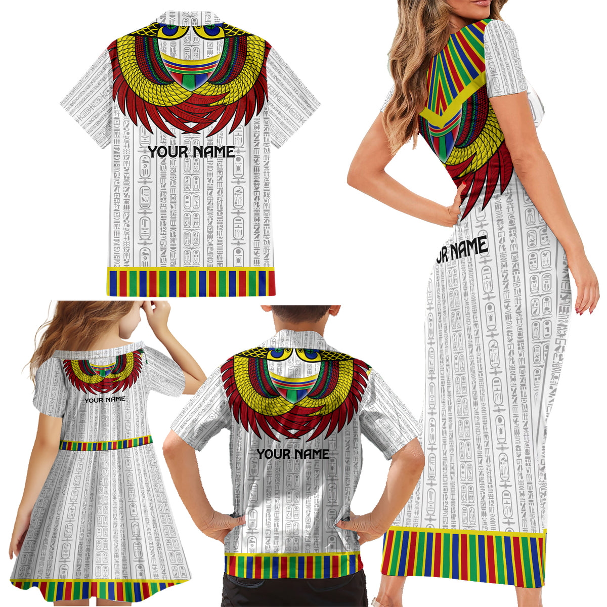 Egyptian Horus Family Matching Short Sleeve Bodycon Dress and Hawaiian Shirt Gods of Egypt - Wonder Print Shop