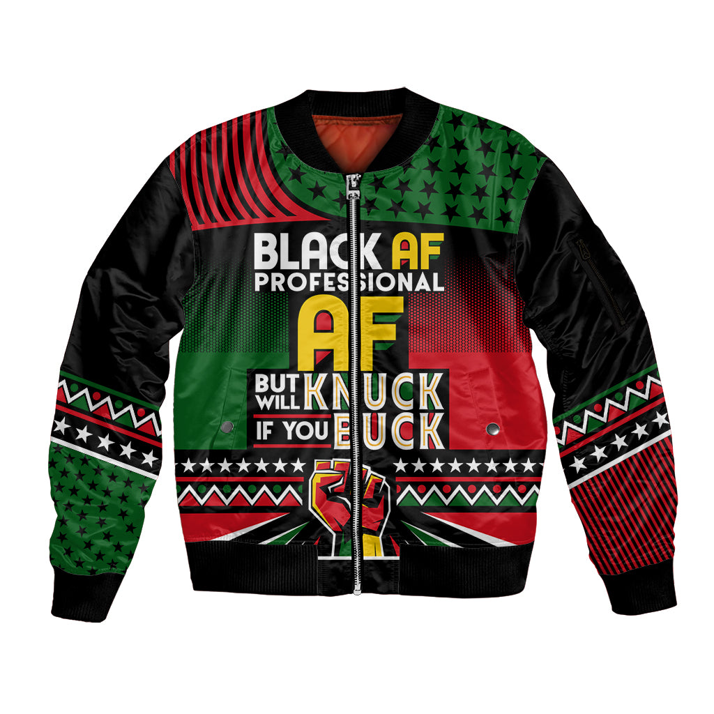 Black AF Professional AF But Will Knuck If You Sleeve Zip Bomber Jacket African Pride - Wonder Print Shop