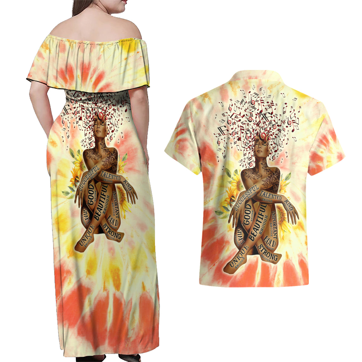 Black Queen Tie Dye Couples Matching Off Shoulder Maxi Dress and Hawaiian Shirt - Wonder Print Shop