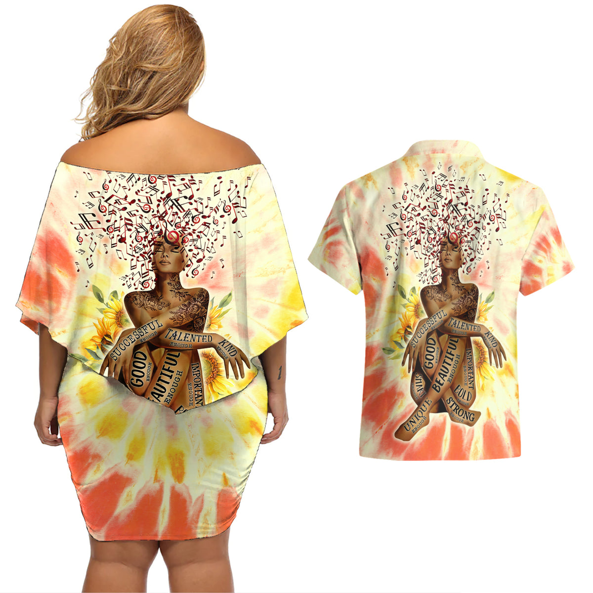 Black Queen Tie Dye Couples Matching Off Shoulder Short Dress and Hawaiian Shirt - Wonder Print Shop