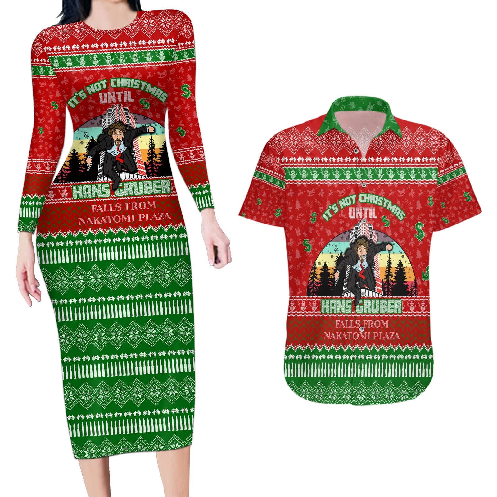 It's Not Christmas Unil Hans Gruber Falls From Nakatomi Plaza Couples Matching Long Sleeve Bodycon Dress and Hawaiian Shirt Xmas Eve 1988 - Wonder Print Shop