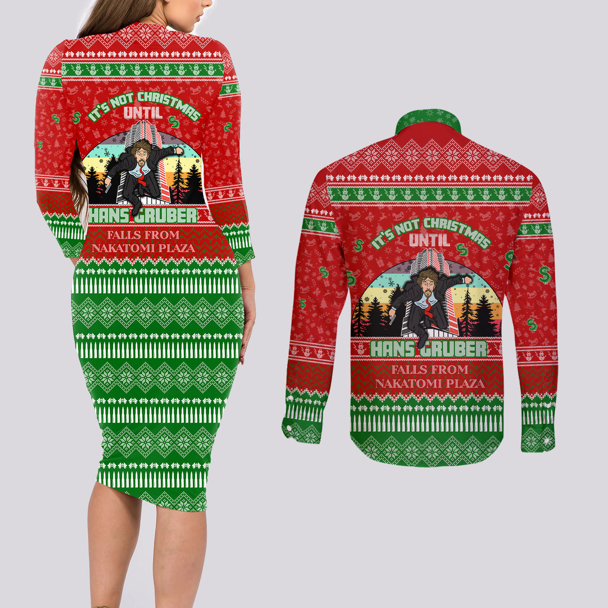 It's Not Christmas Unil Hans Gruber Falls From Nakatomi Plaza Couples Matching Long Sleeve Bodycon Dress and Long Sleeve Button Shirts Xmas Eve 1988 - Wonder Print Shop