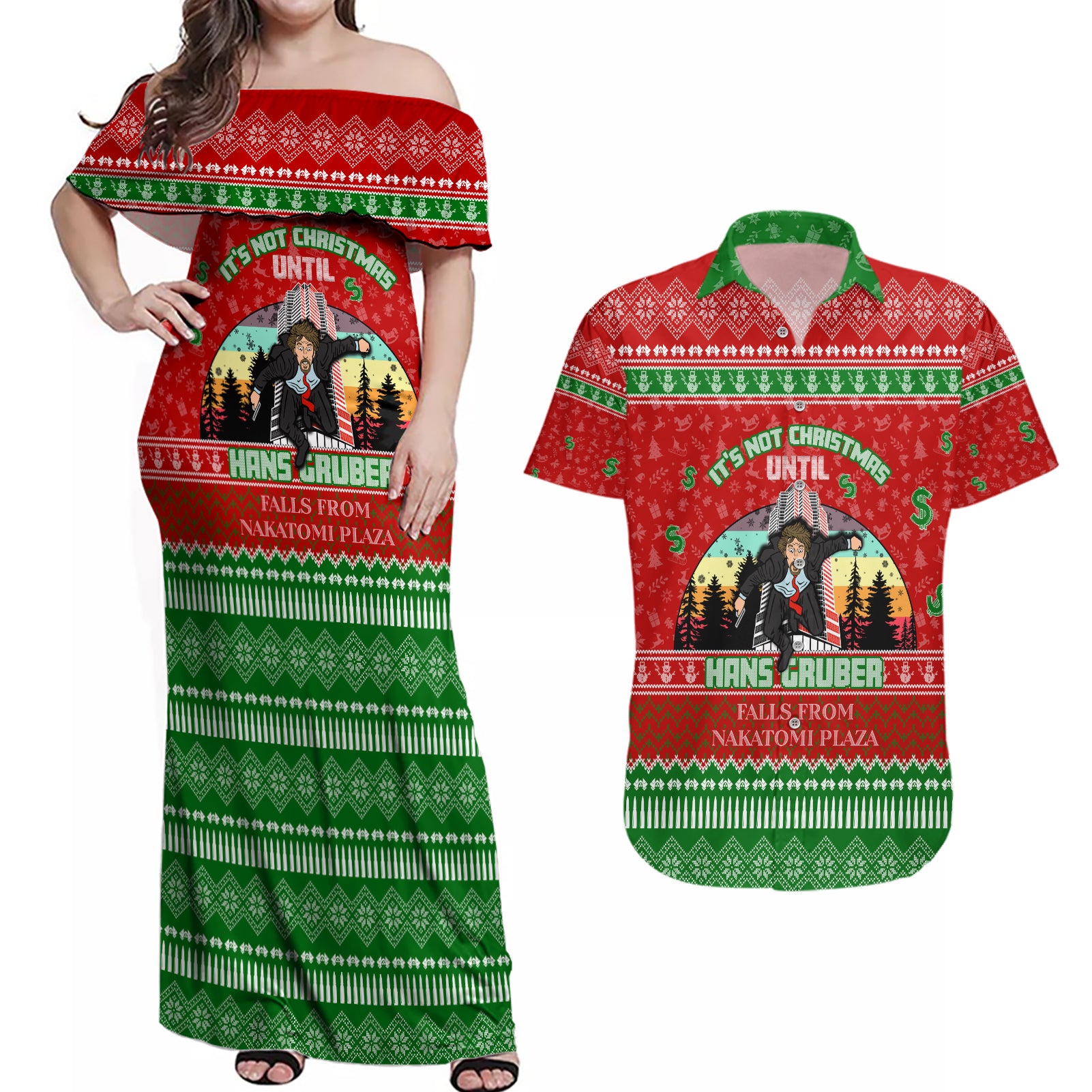 It's Not Christmas Unil Hans Gruber Falls From Nakatomi Plaza Couples Matching Off Shoulder Maxi Dress and Hawaiian Shirt Xmas Eve 1988 - Wonder Print Shop
