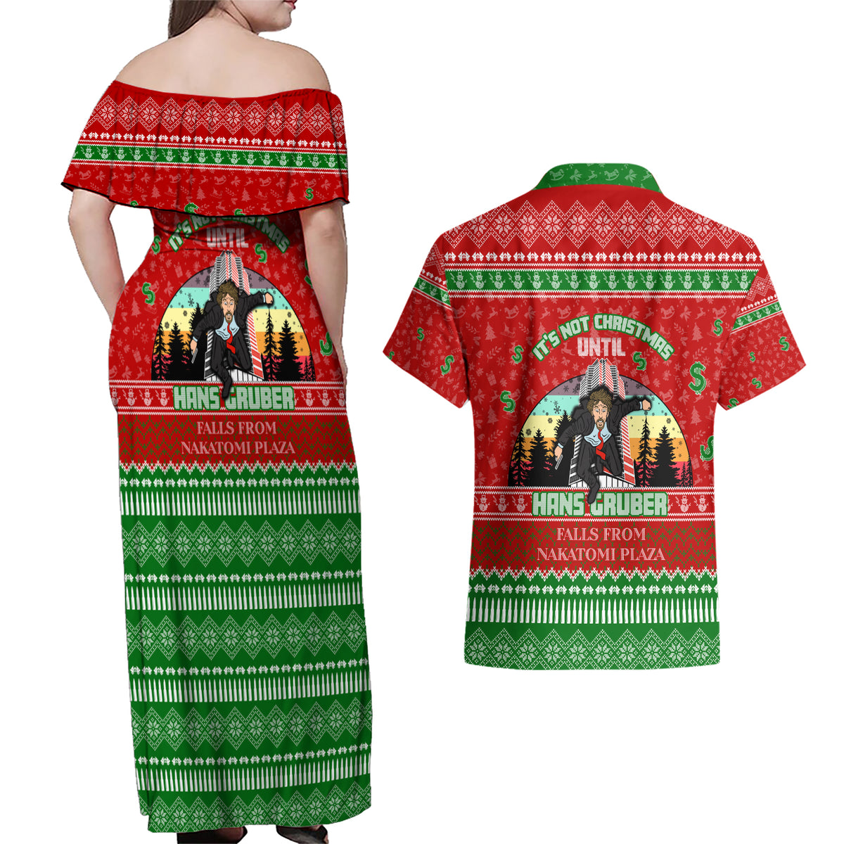 It's Not Christmas Unil Hans Gruber Falls From Nakatomi Plaza Couples Matching Off Shoulder Maxi Dress and Hawaiian Shirt Xmas Eve 1988 - Wonder Print Shop