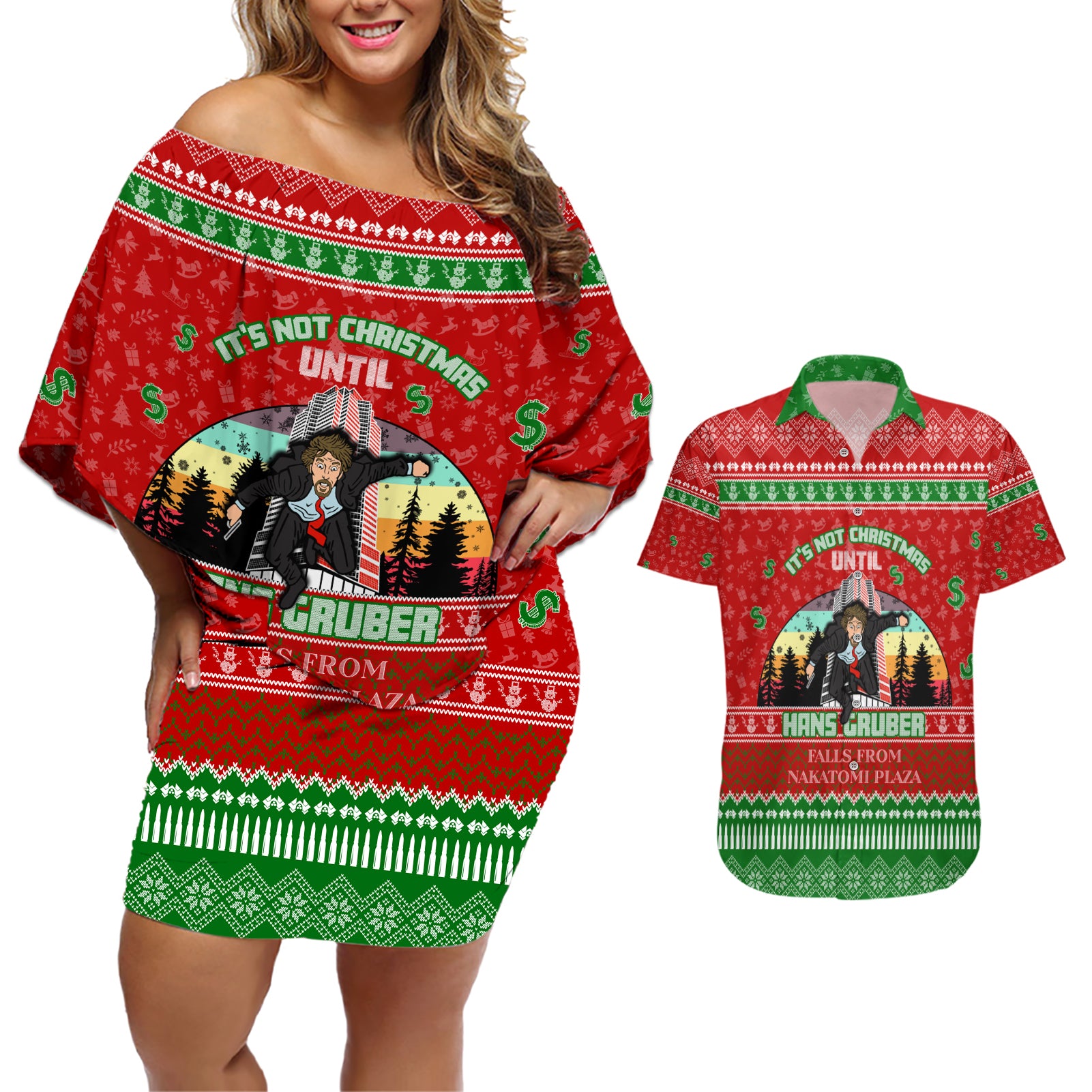 It's Not Christmas Unil Hans Gruber Falls From Nakatomi Plaza Couples Matching Off Shoulder Short Dress and Hawaiian Shirt Xmas Eve 1988 - Wonder Print Shop