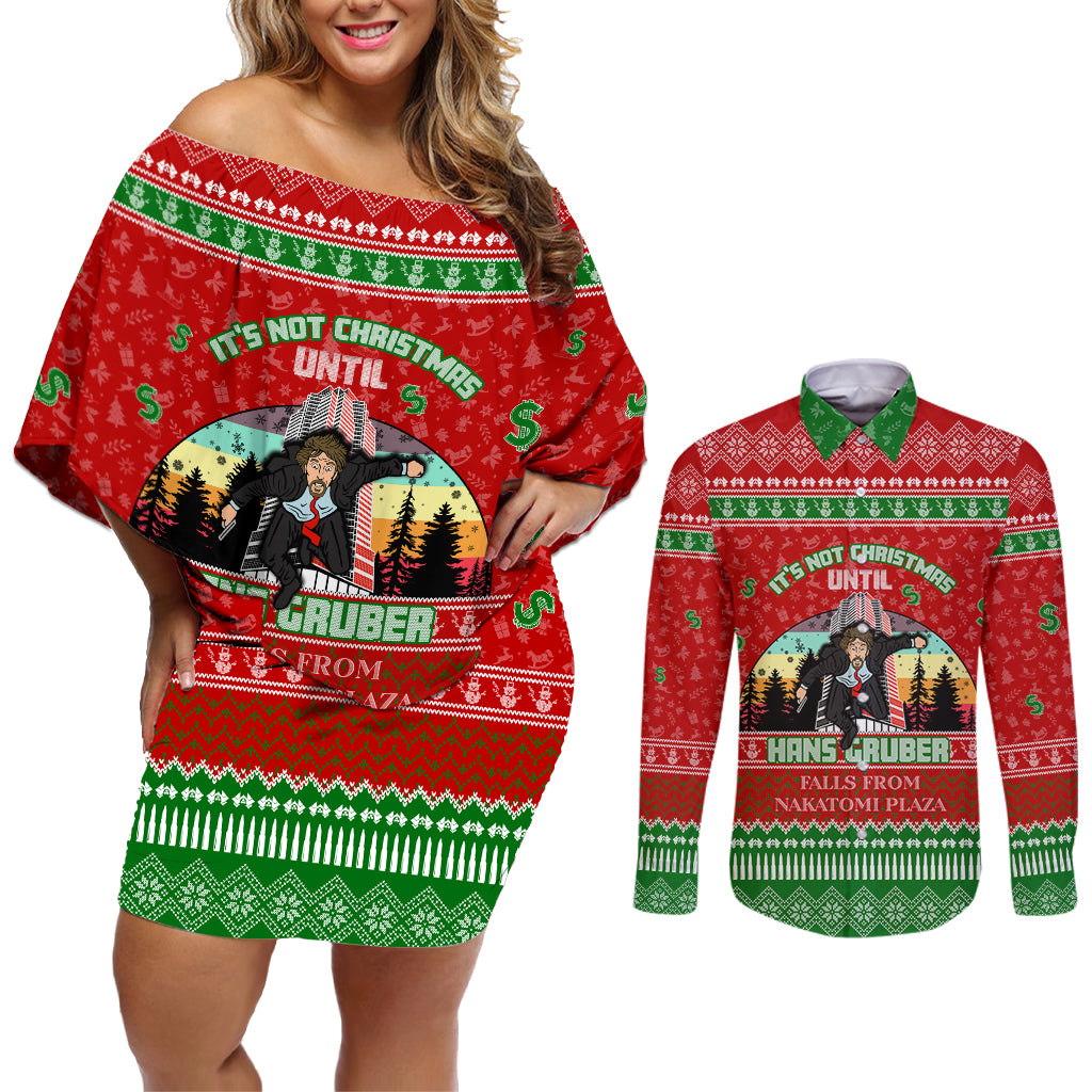 It's Not Christmas Unil Hans Gruber Falls From Nakatomi Plaza Couples Matching Off Shoulder Short Dress and Long Sleeve Button Shirts Xmas Eve 1988 - Wonder Print Shop
