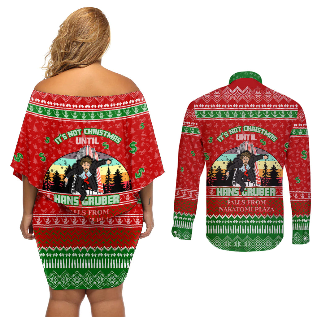 It's Not Christmas Unil Hans Gruber Falls From Nakatomi Plaza Couples Matching Off Shoulder Short Dress and Long Sleeve Button Shirts Xmas Eve 1988 - Wonder Print Shop
