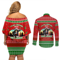 It's Not Christmas Unil Hans Gruber Falls From Nakatomi Plaza Couples Matching Off Shoulder Short Dress and Long Sleeve Button Shirts Xmas Eve 1988 - Wonder Print Shop