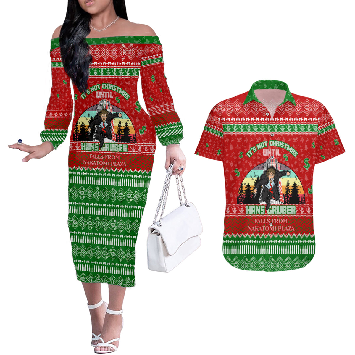 It's Not Christmas Unil Hans Gruber Falls From Nakatomi Plaza Couples Matching Off The Shoulder Long Sleeve Dress and Hawaiian Shirt Xmas Eve 1988 - Wonder Print Shop
