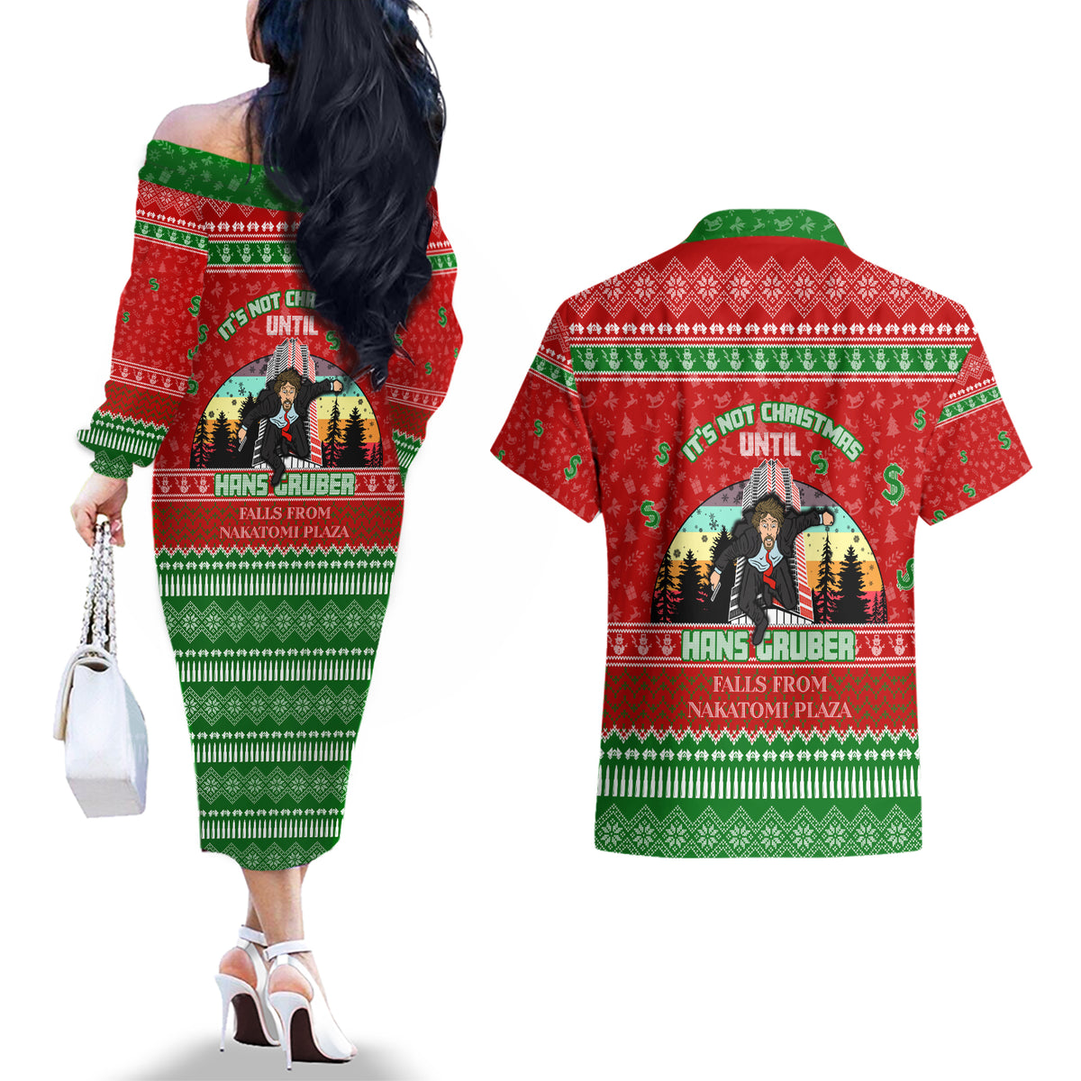 It's Not Christmas Unil Hans Gruber Falls From Nakatomi Plaza Couples Matching Off The Shoulder Long Sleeve Dress and Hawaiian Shirt Xmas Eve 1988 - Wonder Print Shop