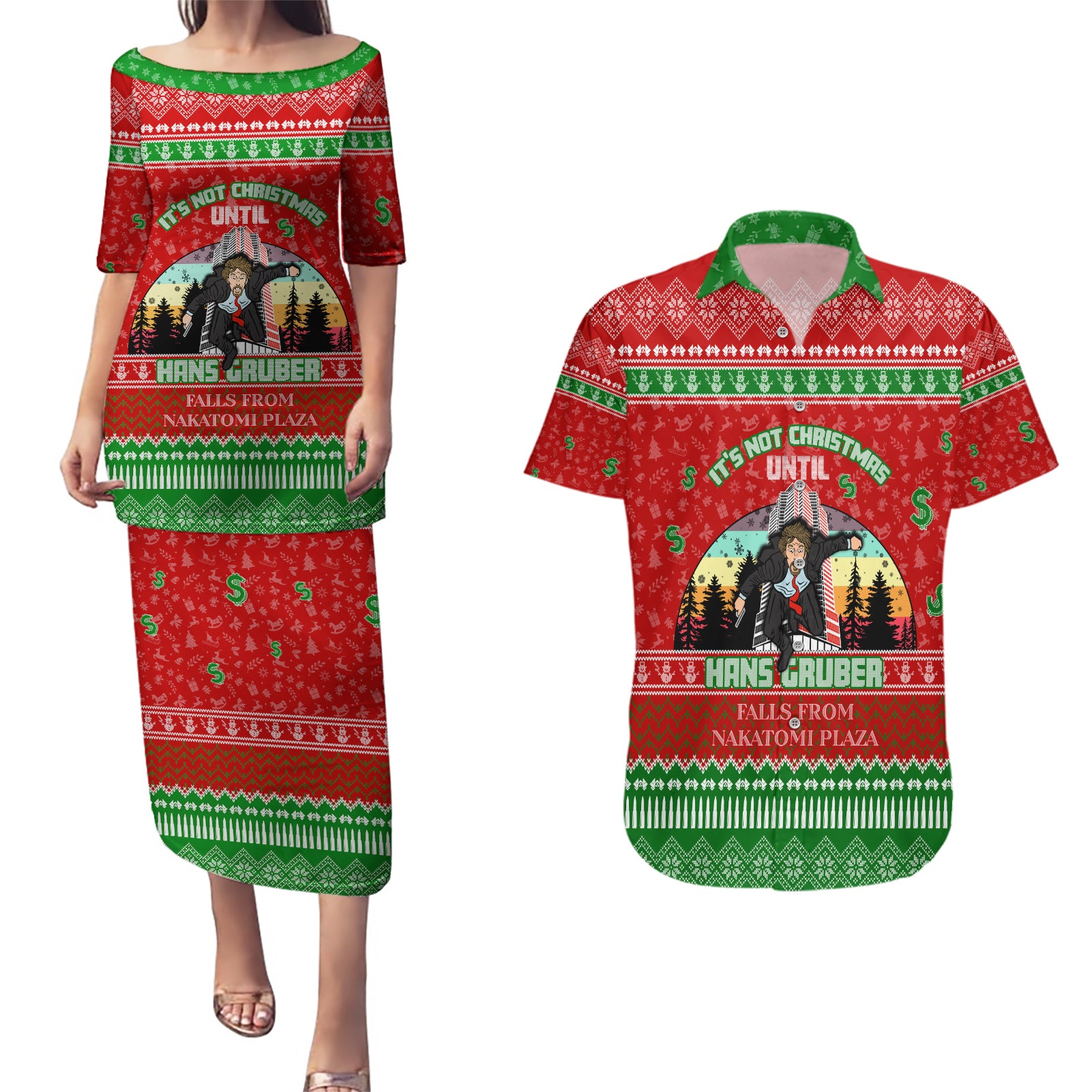 It's Not Christmas Unil Hans Gruber Falls From Nakatomi Plaza Couples Matching Puletasi Dress and Hawaiian Shirt Xmas Eve 1988 - Wonder Print Shop