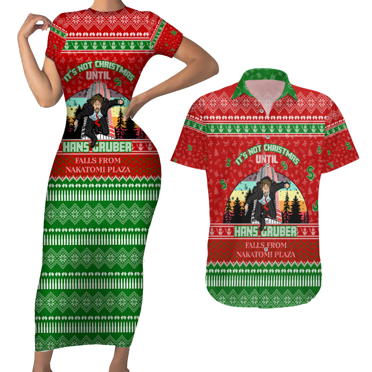 It's Not Christmas Unil Hans Gruber Falls From Nakatomi Plaza Couples Matching Short Sleeve Bodycon Dress and Hawaiian Shirt Xmas Eve 1988 - Wonder Print Shop