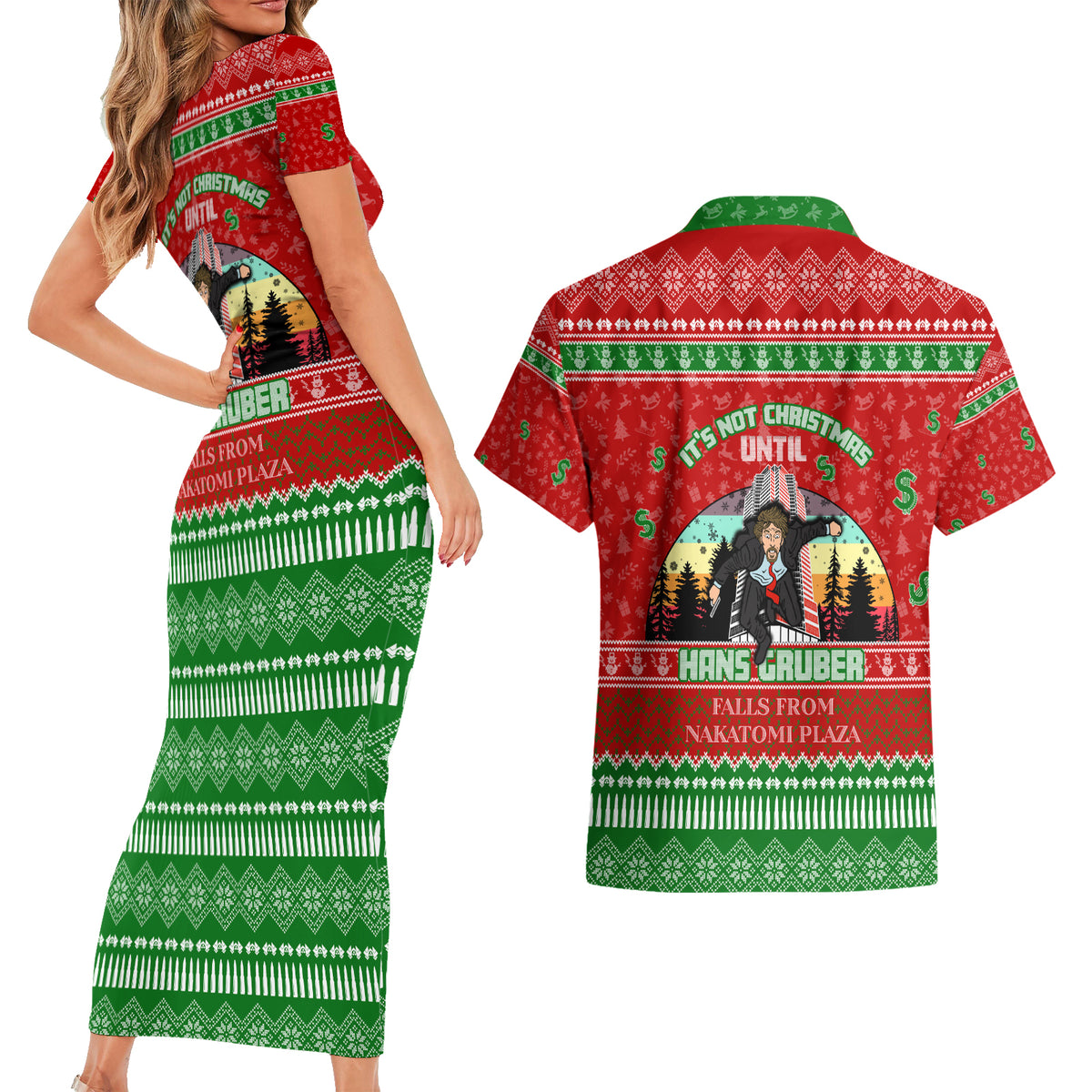 It's Not Christmas Unil Hans Gruber Falls From Nakatomi Plaza Couples Matching Short Sleeve Bodycon Dress and Hawaiian Shirt Xmas Eve 1988 - Wonder Print Shop