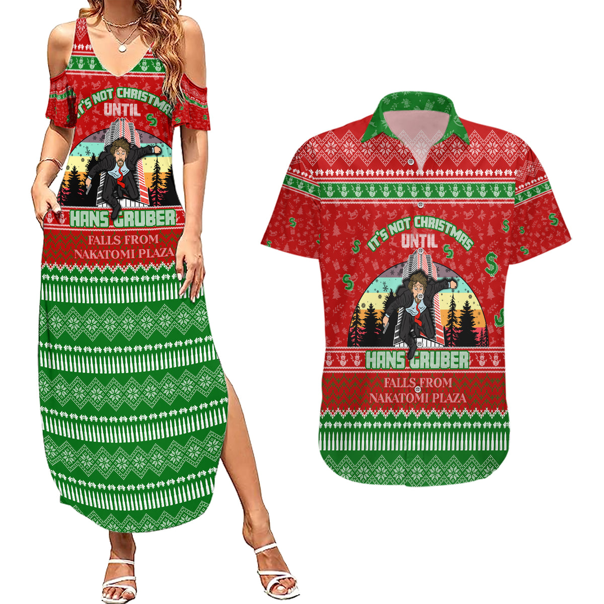 It's Not Christmas Unil Hans Gruber Falls From Nakatomi Plaza Couples Matching Summer Maxi Dress and Hawaiian Shirt Xmas Eve 1988 - Wonder Print Shop
