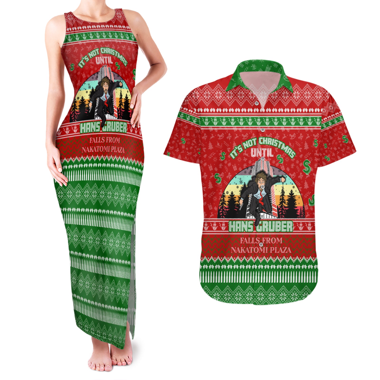 It's Not Christmas Unil Hans Gruber Falls From Nakatomi Plaza Couples Matching Tank Maxi Dress and Hawaiian Shirt Xmas Eve 1988 - Wonder Print Shop