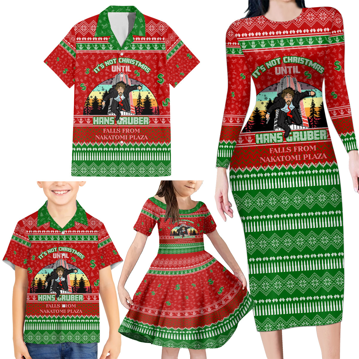 It's Not Christmas Unil Hans Gruber Falls From Nakatomi Plaza Family Matching Long Sleeve Bodycon Dress and Hawaiian Shirt Xmas Eve 1988 - Wonder Print Shop