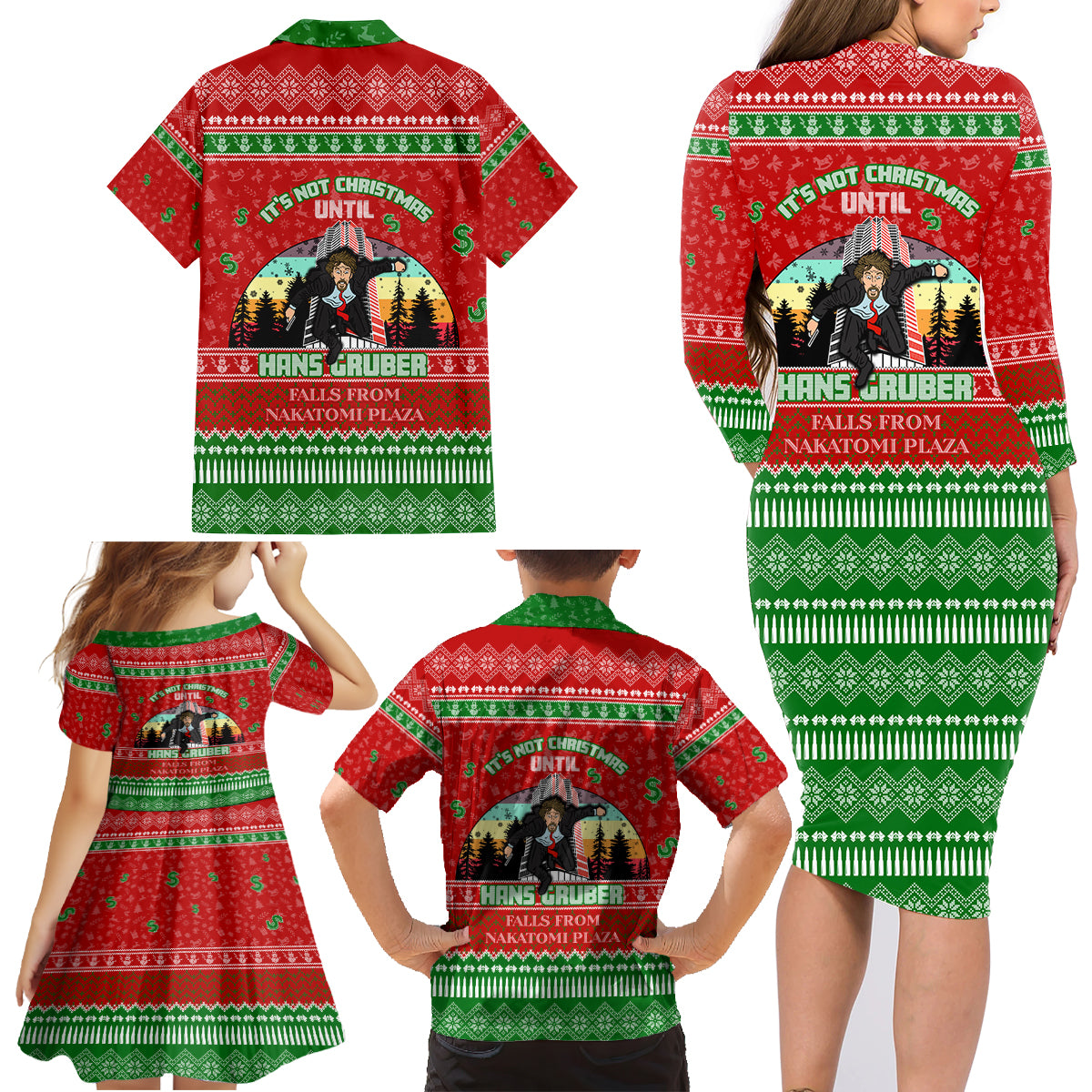 It's Not Christmas Unil Hans Gruber Falls From Nakatomi Plaza Family Matching Long Sleeve Bodycon Dress and Hawaiian Shirt Xmas Eve 1988 - Wonder Print Shop