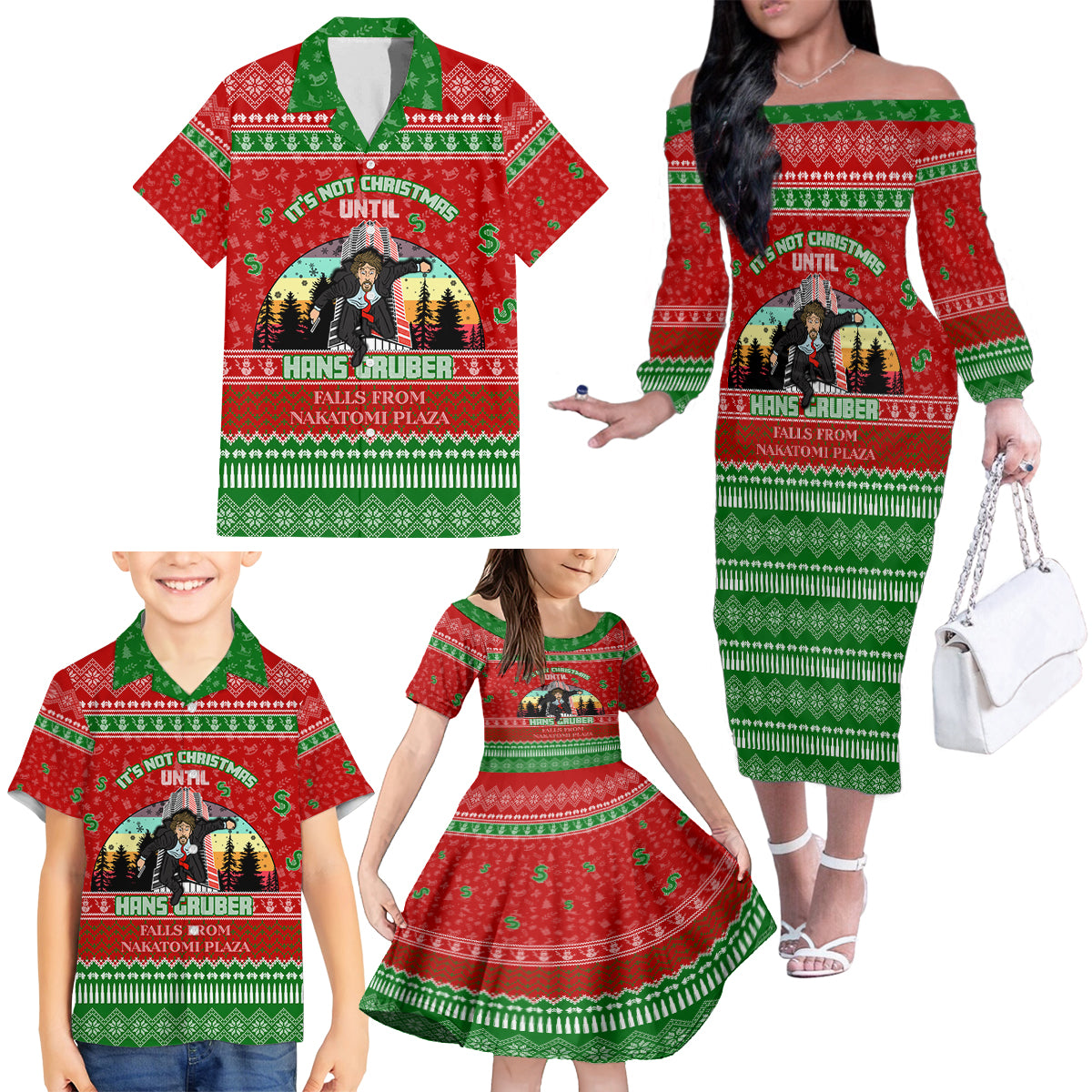 It's Not Christmas Unil Hans Gruber Falls From Nakatomi Plaza Family Matching Off Shoulder Long Sleeve Dress and Hawaiian Shirt Xmas Eve 1988 - Wonder Print Shop