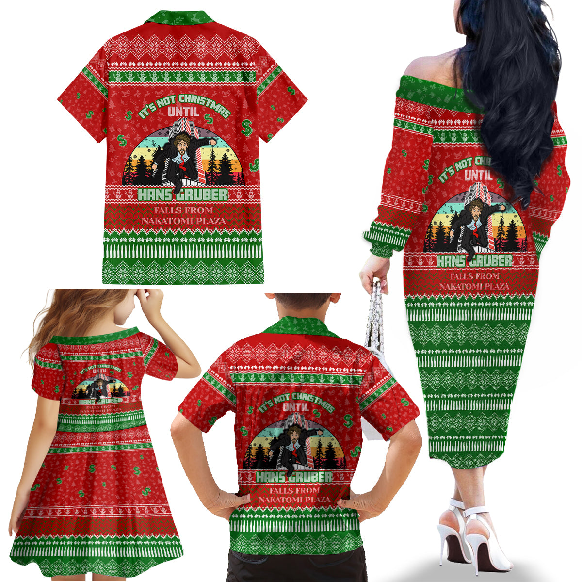 It's Not Christmas Unil Hans Gruber Falls From Nakatomi Plaza Family Matching Off Shoulder Long Sleeve Dress and Hawaiian Shirt Xmas Eve 1988 - Wonder Print Shop