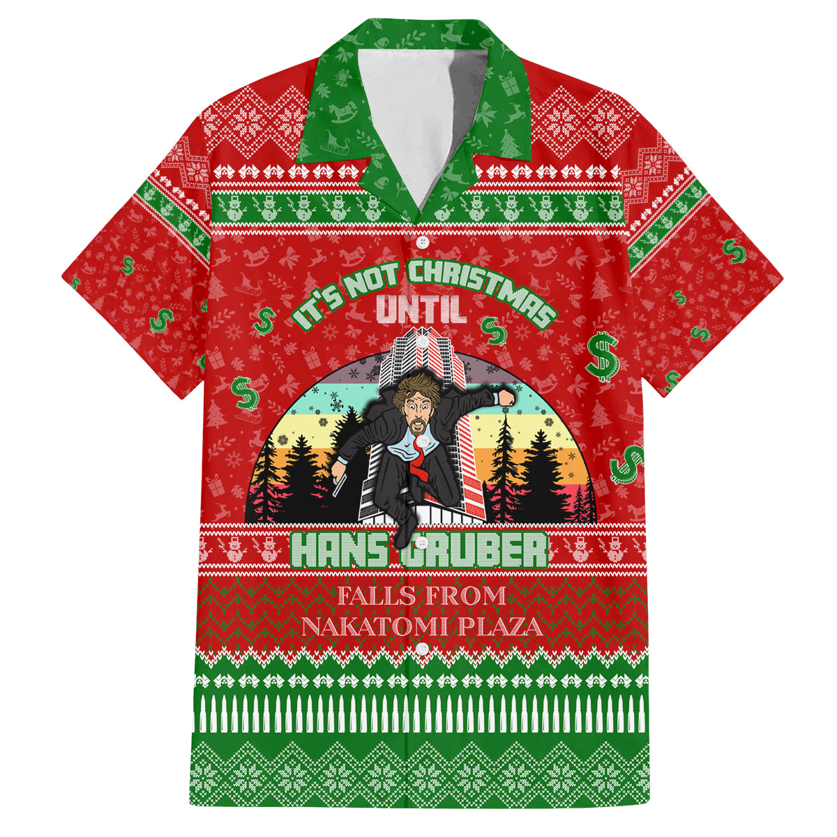 It's Not Christmas Unil Hans Gruber Falls From Nakatomi Plaza Family Matching Off Shoulder Long Sleeve Dress and Hawaiian Shirt Xmas Eve 1988 - Wonder Print Shop
