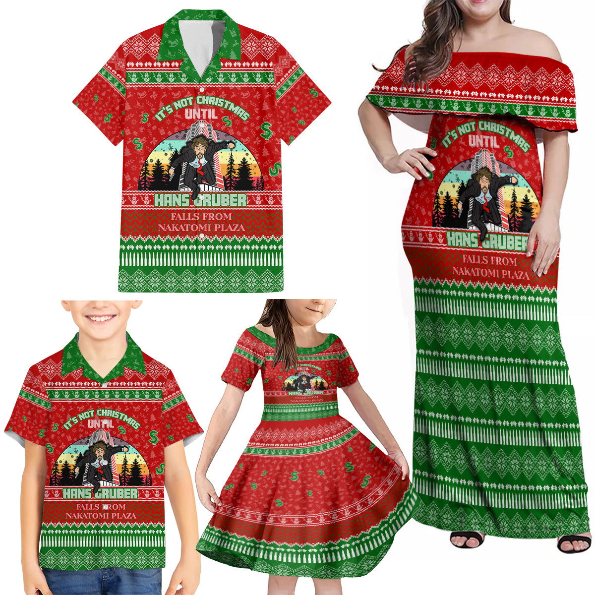 It's Not Christmas Unil Hans Gruber Falls From Nakatomi Plaza Family Matching Off Shoulder Maxi Dress and Hawaiian Shirt Xmas Eve 1988 - Wonder Print Shop