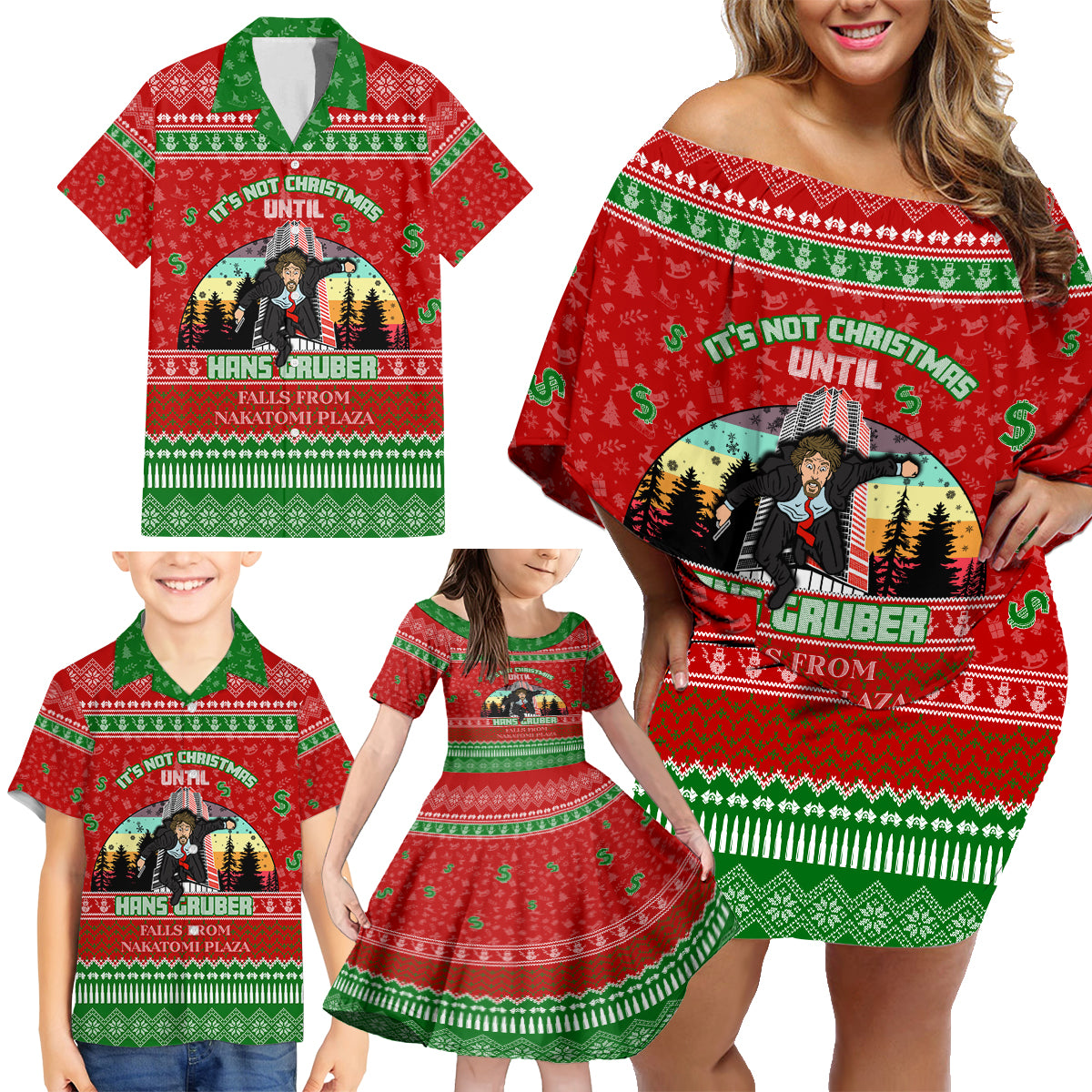 It's Not Christmas Unil Hans Gruber Falls From Nakatomi Plaza Family Matching Off Shoulder Short Dress and Hawaiian Shirt Xmas Eve 1988 - Wonder Print Shop