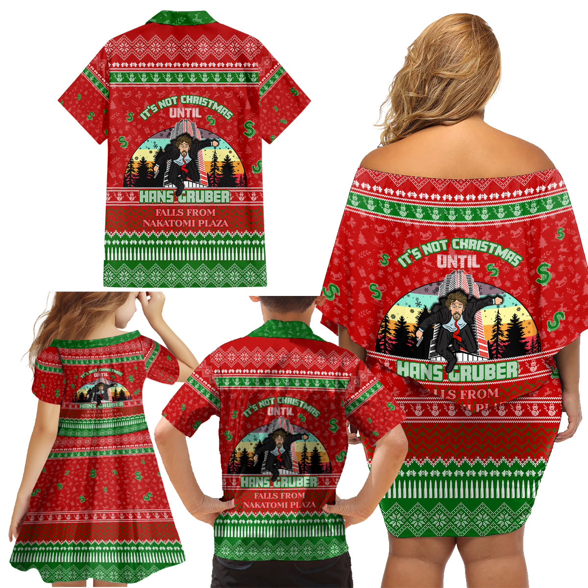 It's Not Christmas Unil Hans Gruber Falls From Nakatomi Plaza Family Matching Off Shoulder Short Dress and Hawaiian Shirt Xmas Eve 1988 - Wonder Print Shop