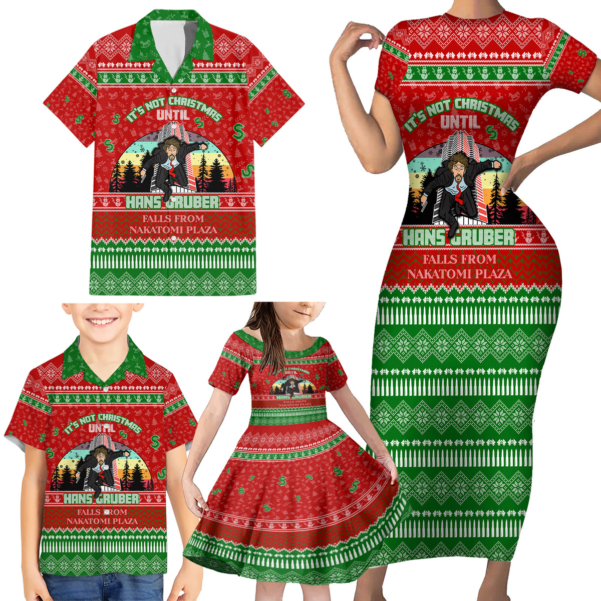 It's Not Christmas Unil Hans Gruber Falls From Nakatomi Plaza Family Matching Short Sleeve Bodycon Dress and Hawaiian Shirt Xmas Eve 1988 - Wonder Print Shop