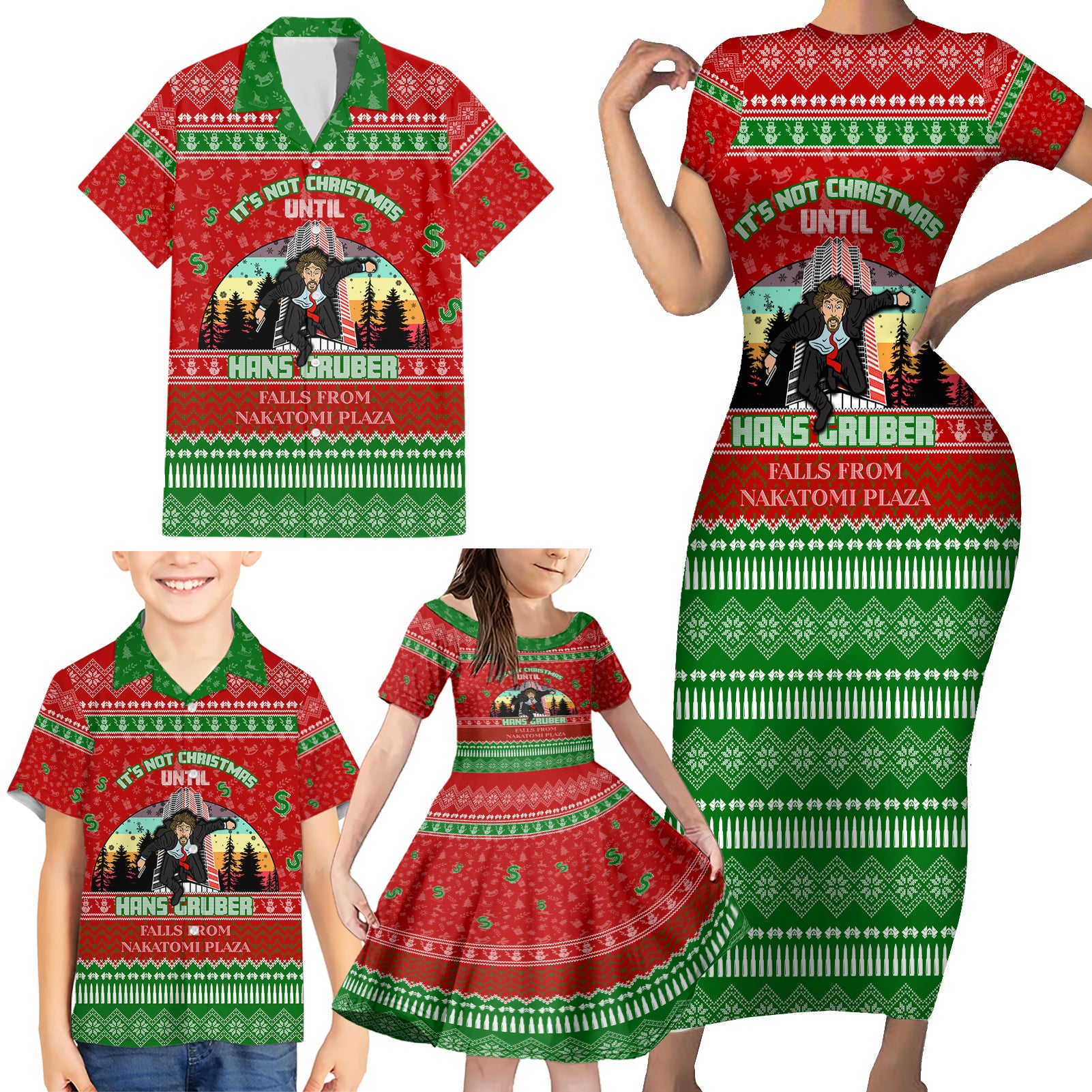 It's Not Christmas Unil Hans Gruber Falls From Nakatomi Plaza Family Matching Short Sleeve Bodycon Dress and Hawaiian Shirt Xmas Eve 1988 - Wonder Print Shop