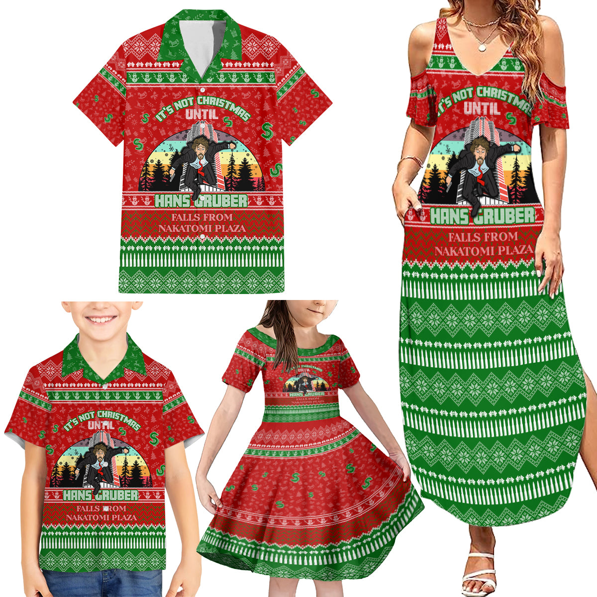 It's Not Christmas Unil Hans Gruber Falls From Nakatomi Plaza Family Matching Summer Maxi Dress and Hawaiian Shirt Xmas Eve 1988 - Wonder Print Shop