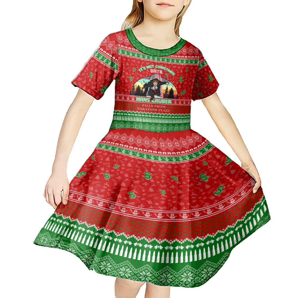 It's Not Christmas Unil Hans Gruber Falls From Nakatomi Plaza Kid Short Sleeve Dress Xmas Eve 1988 - Wonder Print Shop