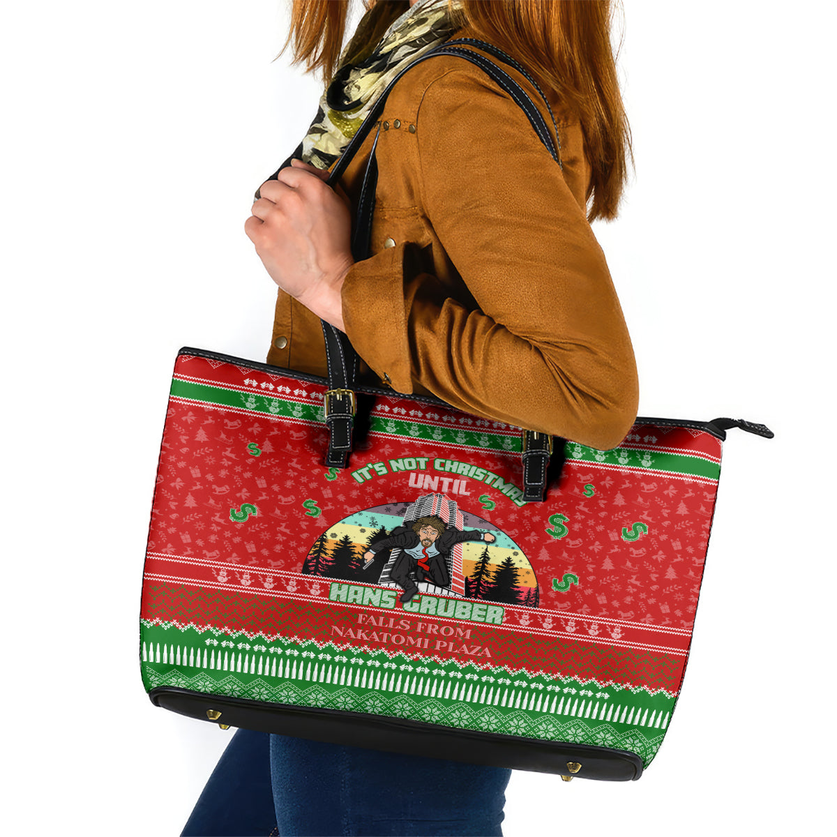 It's Not Christmas Unil Hans Gruber Falls From Nakatomi Plaza Leather Tote Bag Xmas Eve 1988 - Wonder Print Shop