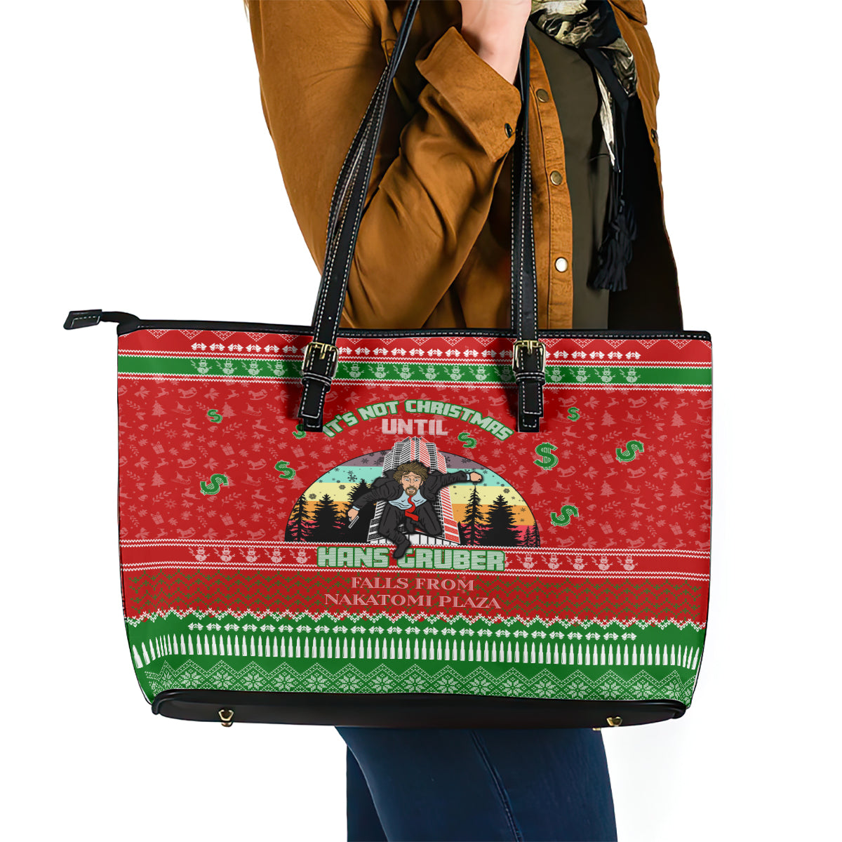It's Not Christmas Unil Hans Gruber Falls From Nakatomi Plaza Leather Tote Bag Xmas Eve 1988 - Wonder Print Shop