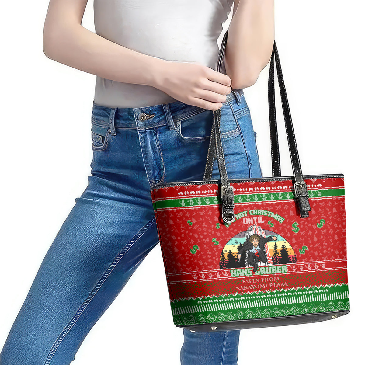 It's Not Christmas Unil Hans Gruber Falls From Nakatomi Plaza Leather Tote Bag Xmas Eve 1988 - Wonder Print Shop