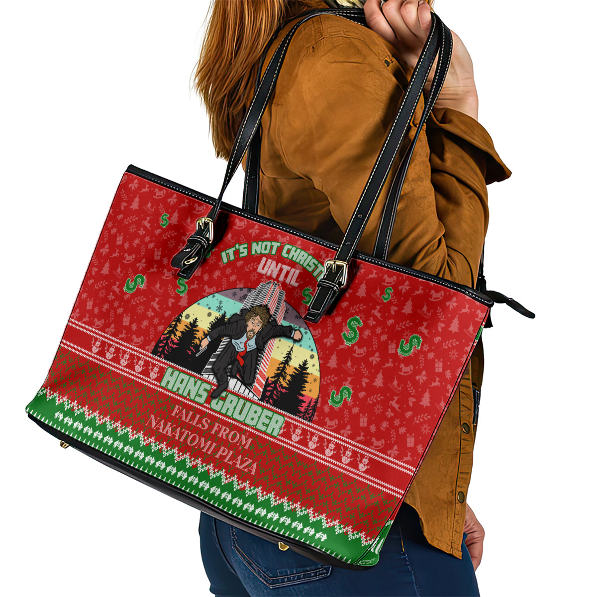 It's Not Christmas Unil Hans Gruber Falls From Nakatomi Plaza Leather Tote Bag Xmas Eve 1988 - Wonder Print Shop