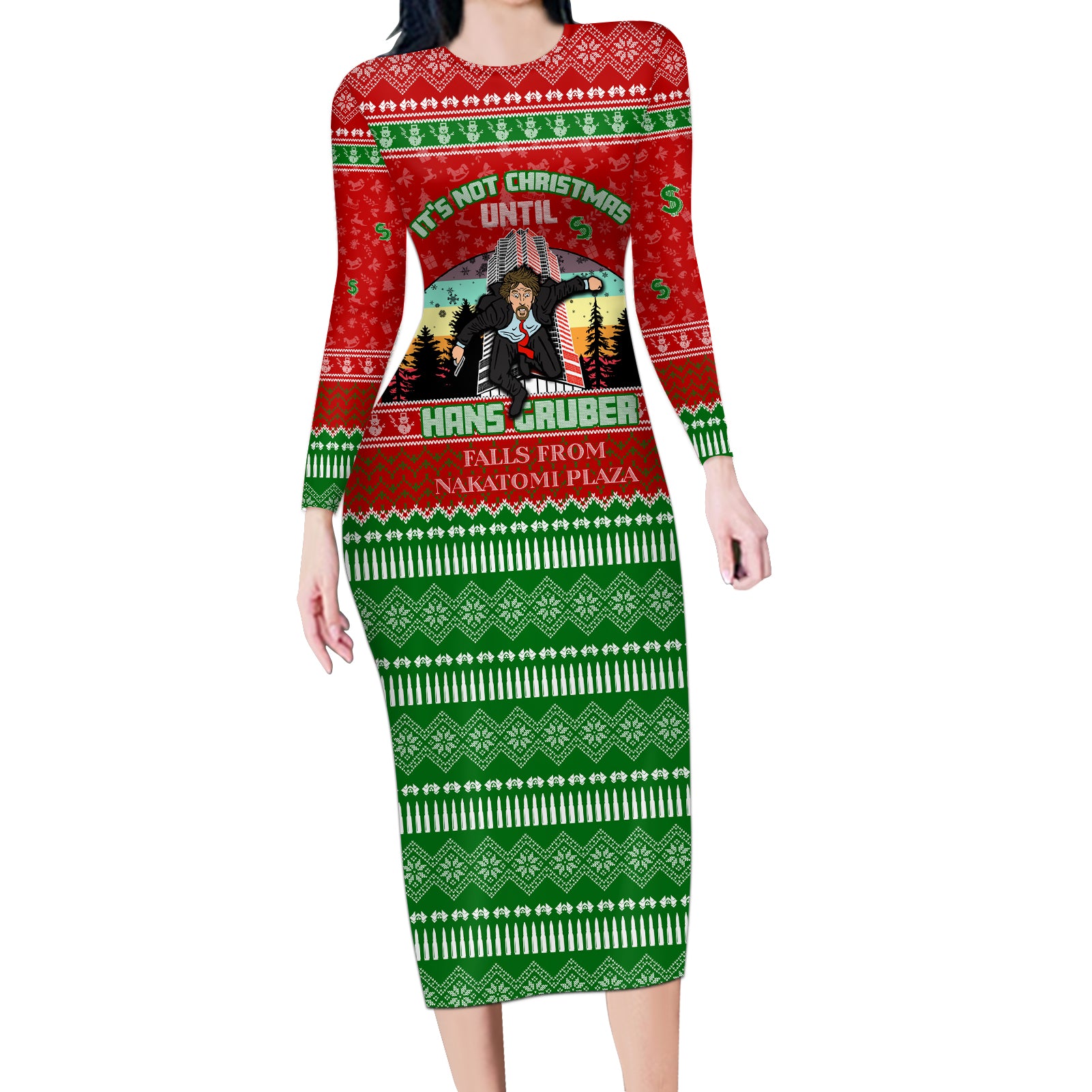 It's Not Christmas Unil Hans Gruber Falls From Nakatomi Plaza Long Sleeve Bodycon Dress Xmas Eve 1988 - Wonder Print Shop