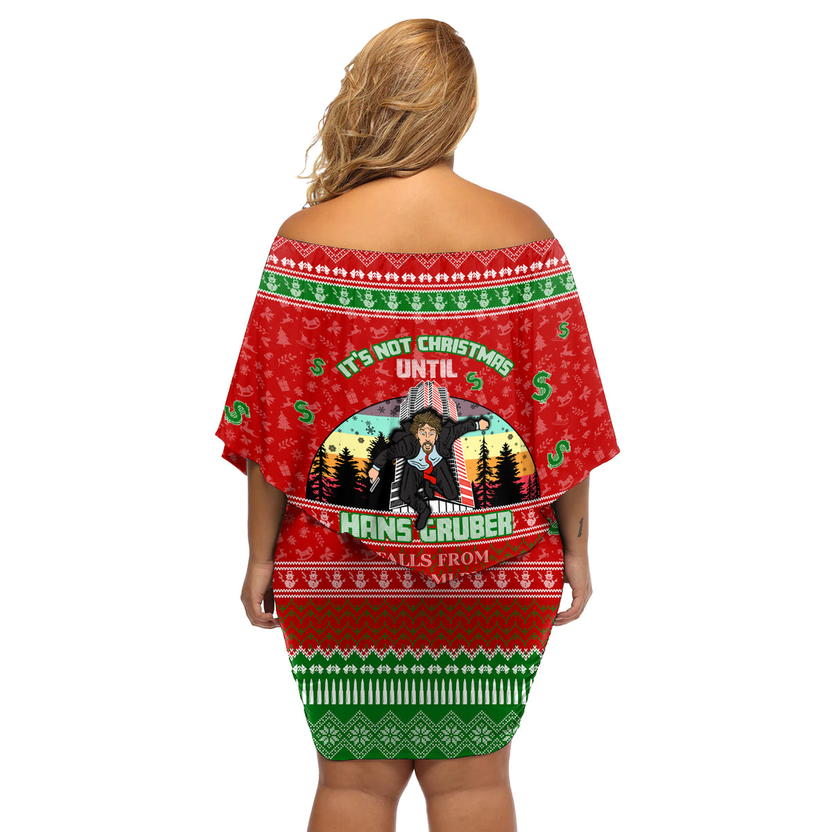 It's Not Christmas Unil Hans Gruber Falls From Nakatomi Plaza Off Shoulder Short Dress Xmas Eve 1988 - Wonder Print Shop