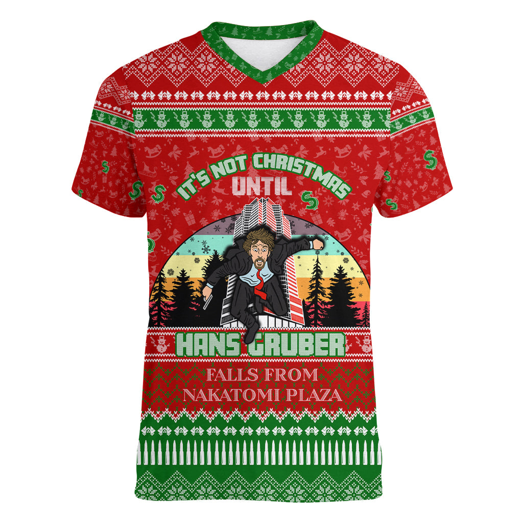 It's Not Christmas Unil Hans Gruber Falls From Nakatomi Plaza Women V Neck T Shirt Xmas Eve 1988 - Wonder Print Shop