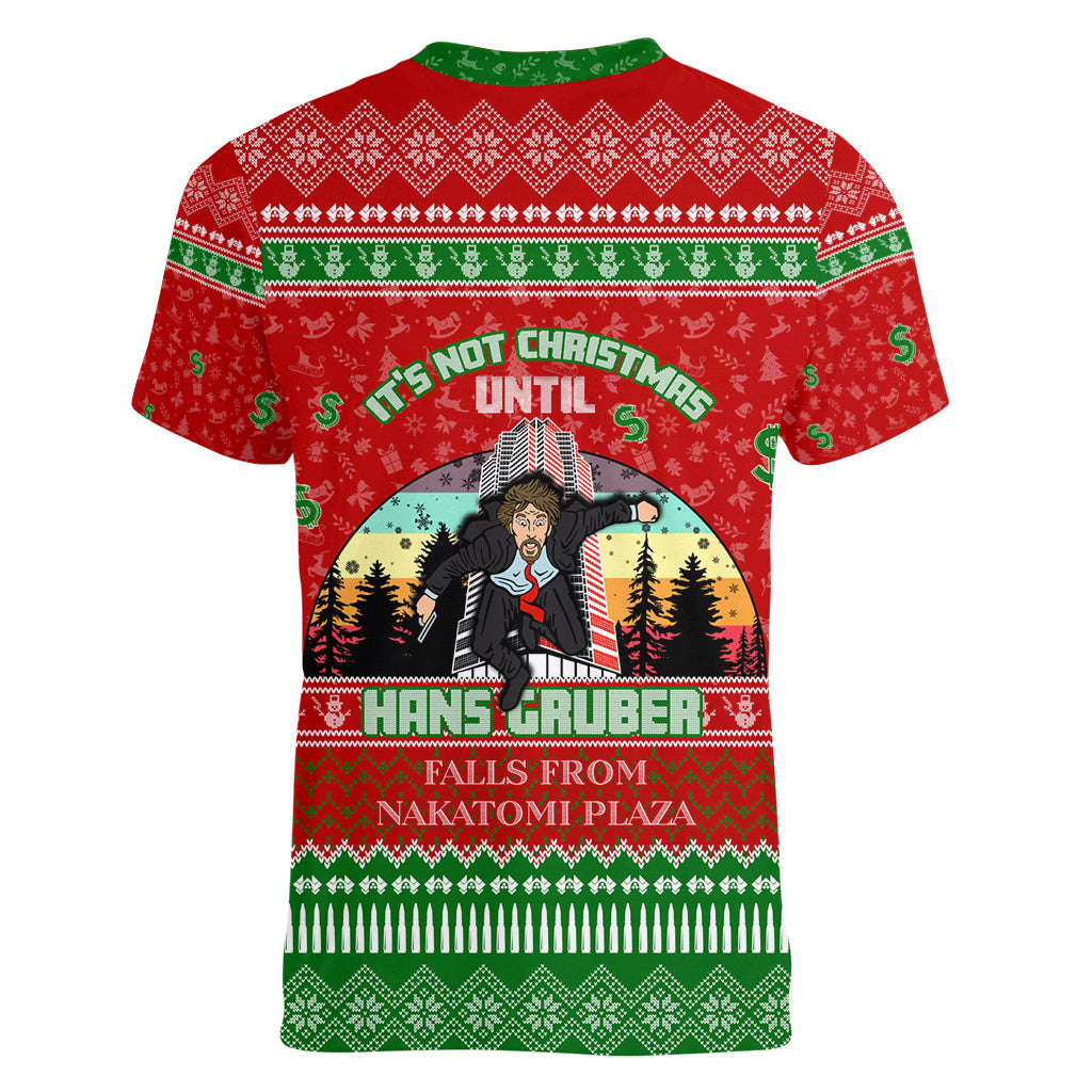 It's Not Christmas Unil Hans Gruber Falls From Nakatomi Plaza Women V Neck T Shirt Xmas Eve 1988 - Wonder Print Shop