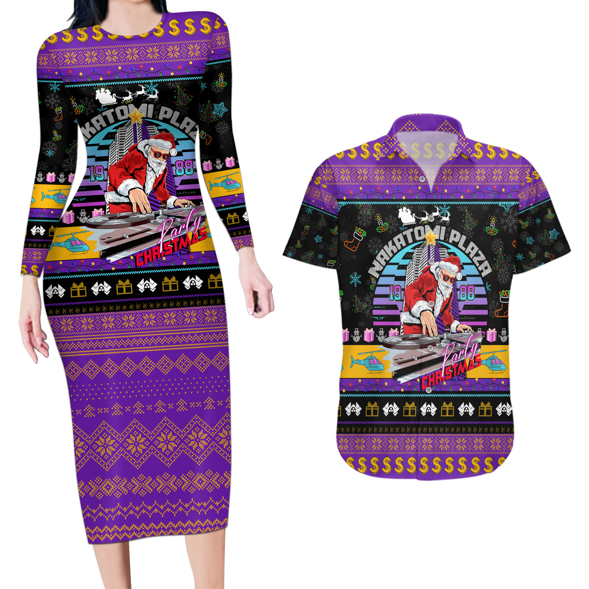 Nakatomi Plaza Christmas Party 1988 Couples Matching Long Sleeve Bodycon Dress and Hawaiian Shirt DJ Santa Claus - Wonder Print Shop
