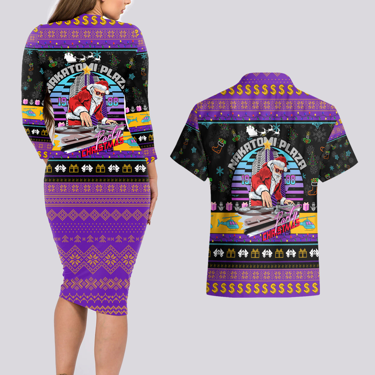 Nakatomi Plaza Christmas Party 1988 Couples Matching Long Sleeve Bodycon Dress and Hawaiian Shirt DJ Santa Claus - Wonder Print Shop