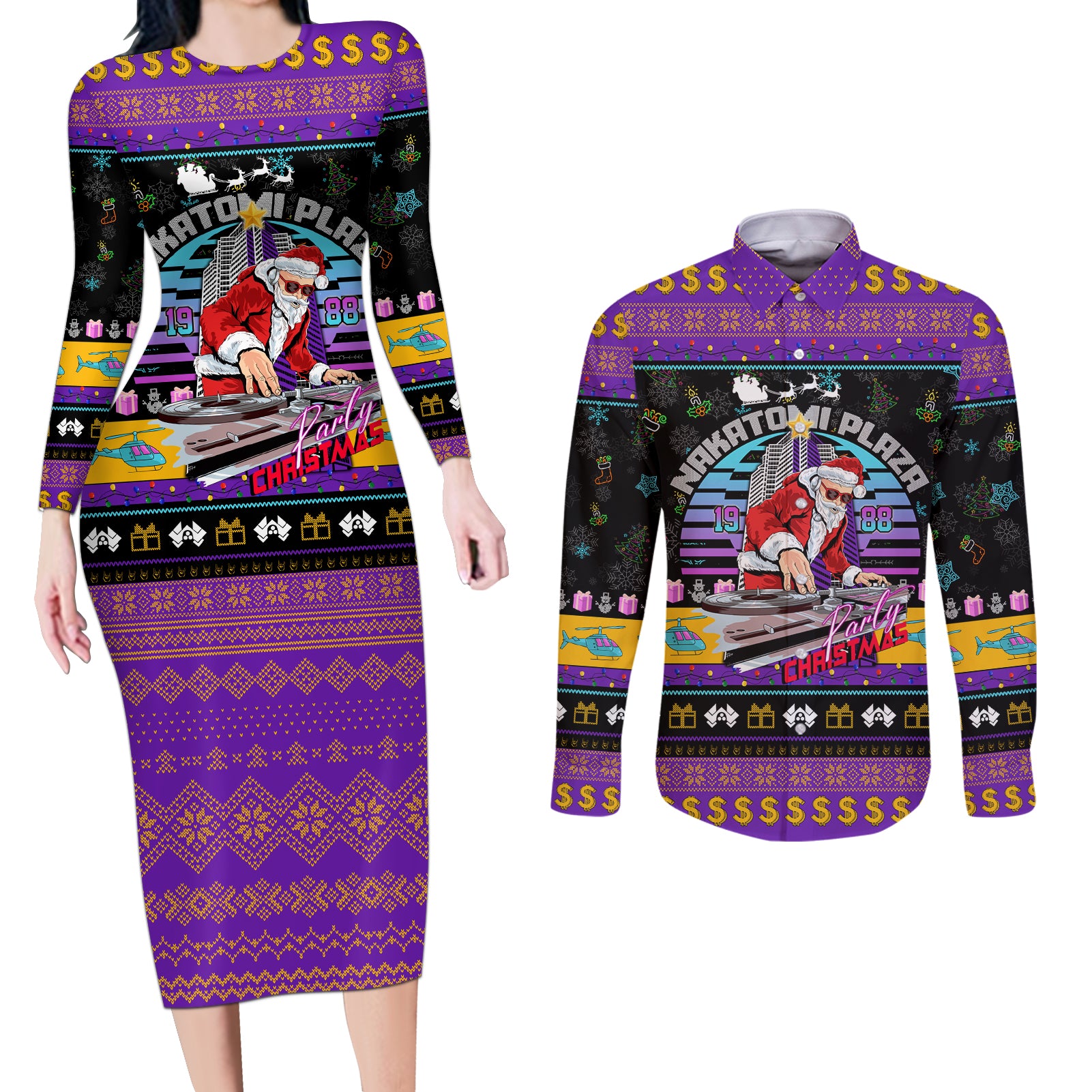 Nakatomi Plaza Christmas Party 1988 Couples Matching Long Sleeve Bodycon Dress and Long Sleeve Button Shirts DJ Santa Claus - Wonder Print Shop