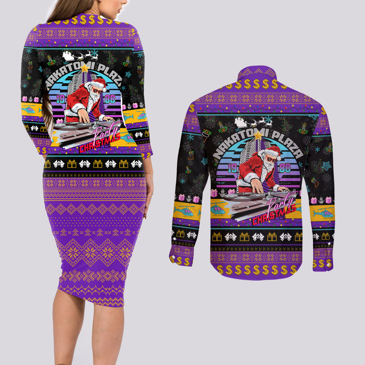 Nakatomi Plaza Christmas Party 1988 Couples Matching Long Sleeve Bodycon Dress and Long Sleeve Button Shirts DJ Santa Claus - Wonder Print Shop