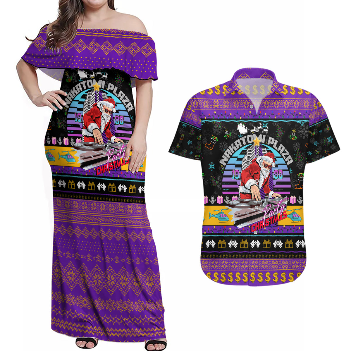 Nakatomi Plaza Christmas Party 1988 Couples Matching Off Shoulder Maxi Dress and Hawaiian Shirt DJ Santa Claus - Wonder Print Shop