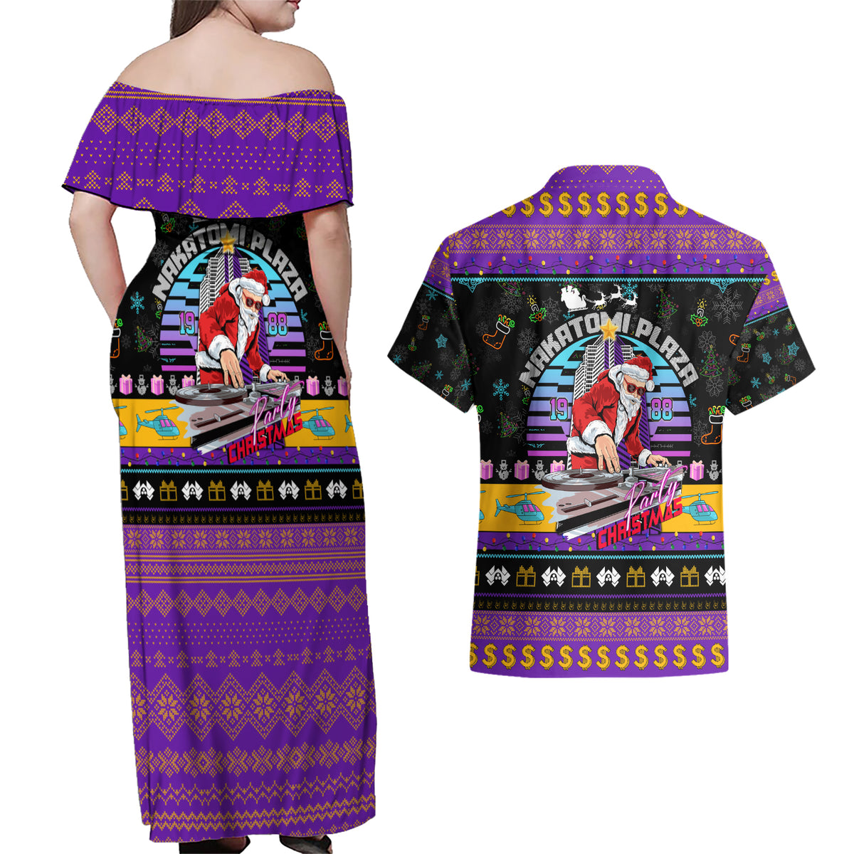 Nakatomi Plaza Christmas Party 1988 Couples Matching Off Shoulder Maxi Dress and Hawaiian Shirt DJ Santa Claus - Wonder Print Shop