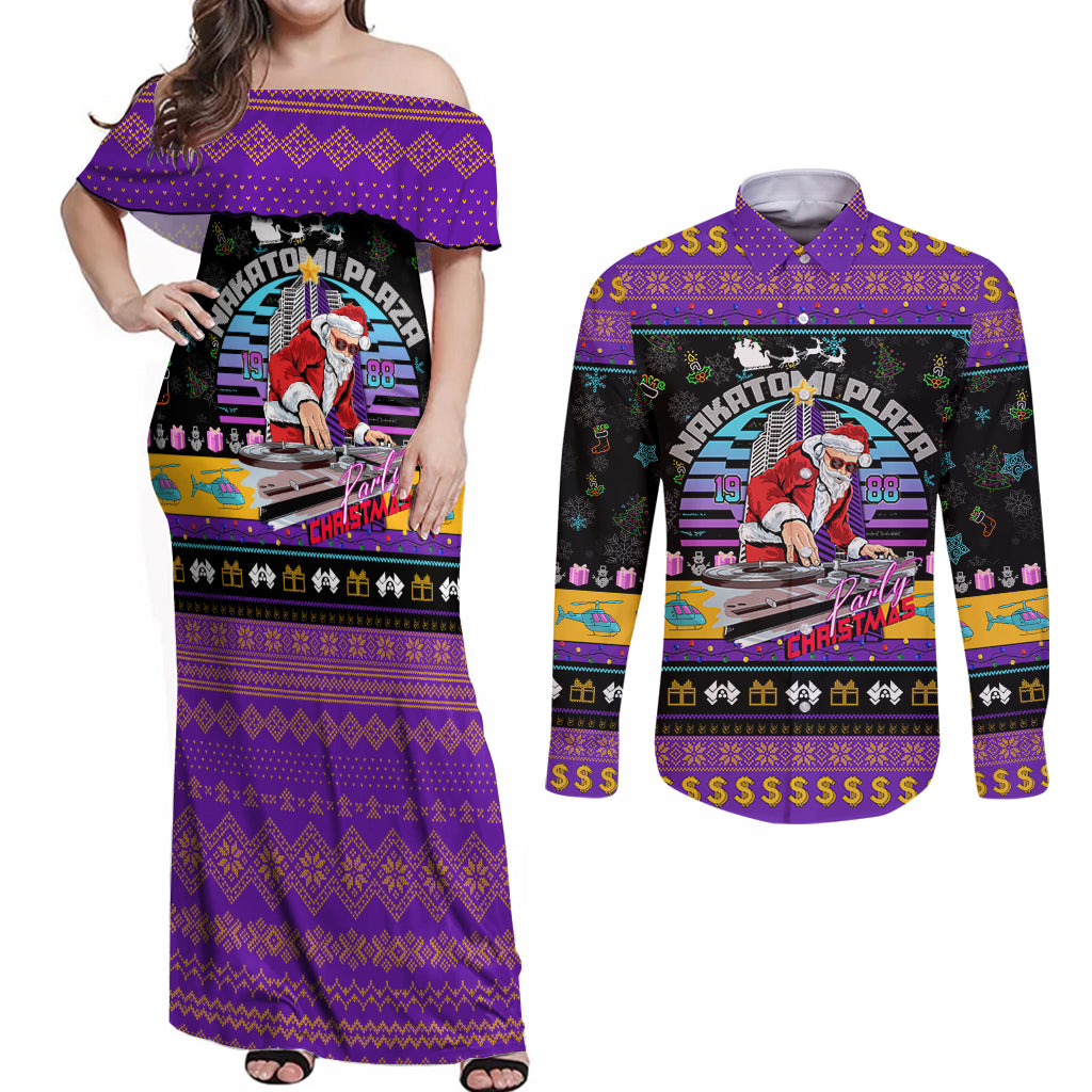 Nakatomi Plaza Christmas Party 1988 Couples Matching Off Shoulder Maxi Dress and Long Sleeve Button Shirts DJ Santa Claus - Wonder Print Shop