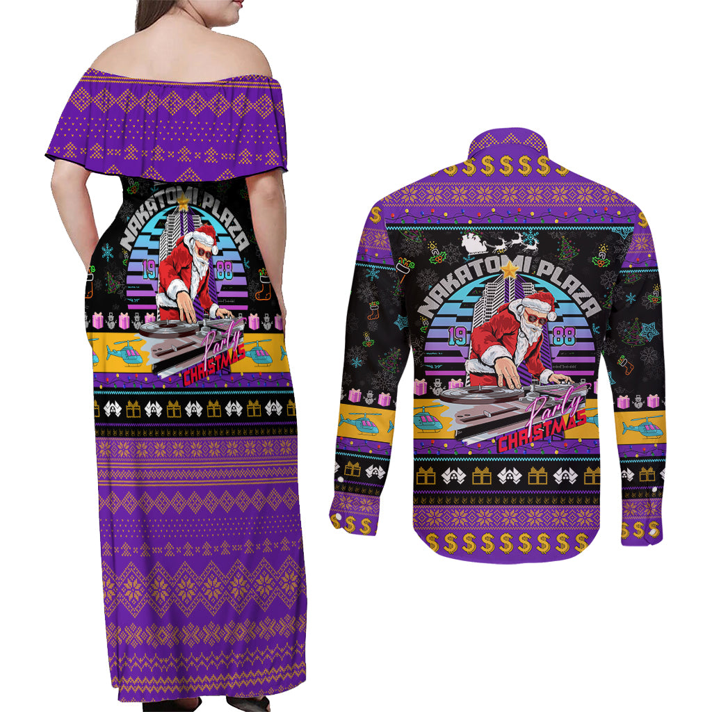 Nakatomi Plaza Christmas Party 1988 Couples Matching Off Shoulder Maxi Dress and Long Sleeve Button Shirts DJ Santa Claus - Wonder Print Shop