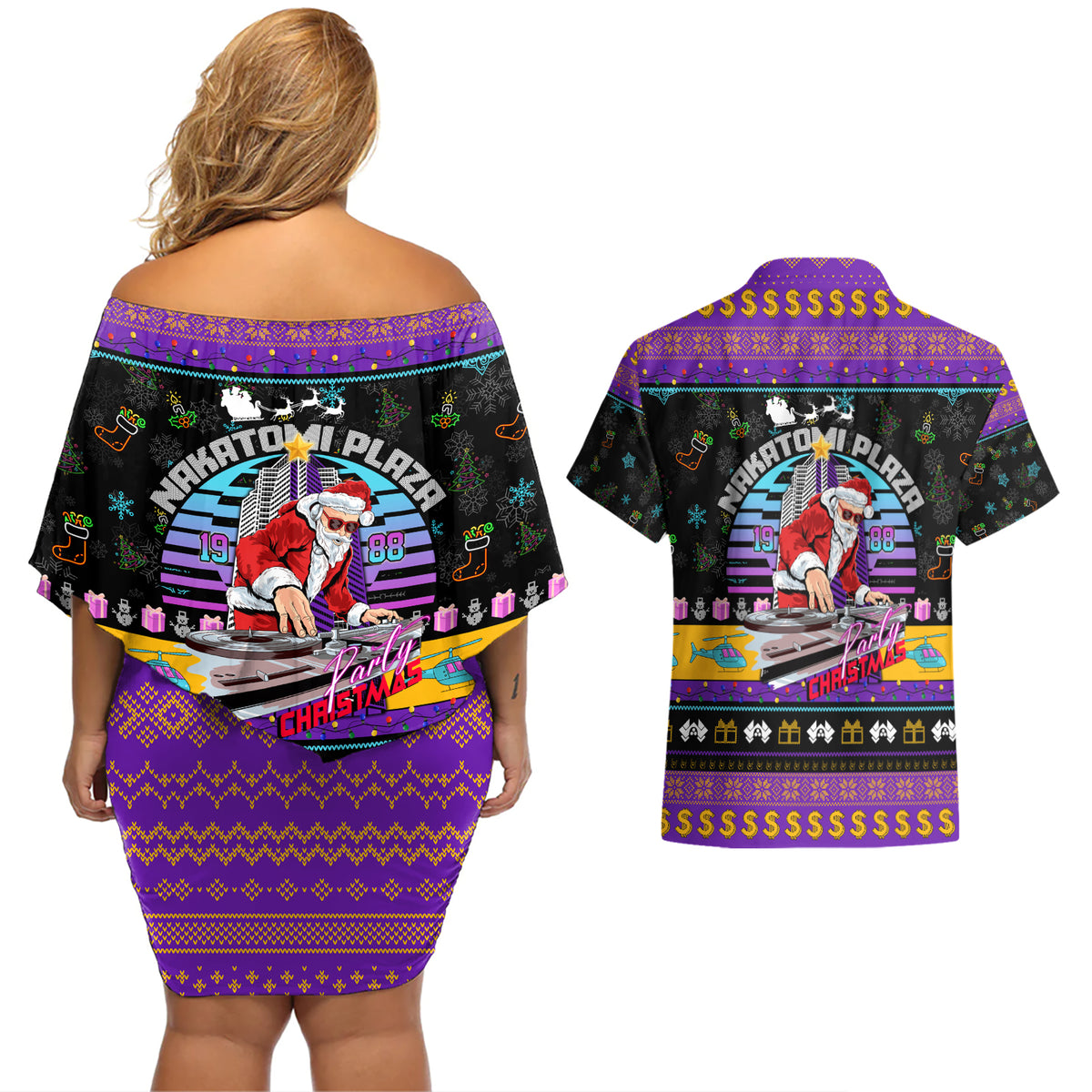 Nakatomi Plaza Christmas Party 1988 Couples Matching Off Shoulder Short Dress and Hawaiian Shirt DJ Santa Claus - Wonder Print Shop