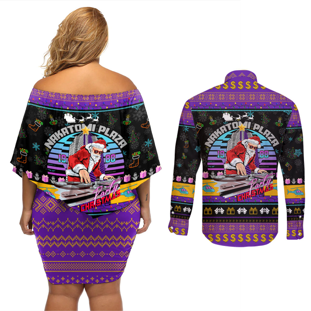 Nakatomi Plaza Christmas Party 1988 Couples Matching Off Shoulder Short Dress and Long Sleeve Button Shirts DJ Santa Claus - Wonder Print Shop