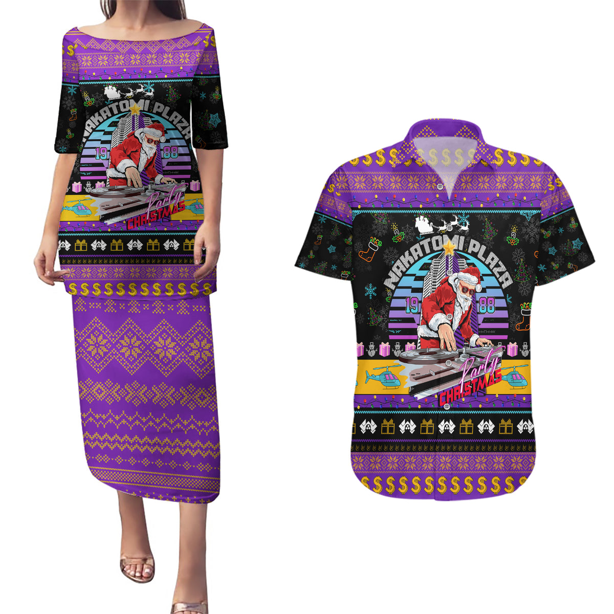 Nakatomi Plaza Christmas Party 1988 Couples Matching Puletasi Dress and Hawaiian Shirt DJ Santa Claus - Wonder Print Shop